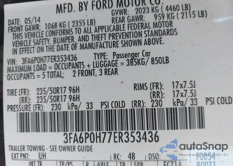 2014 Ford Fusion Se z USA, uszkodzony, nr VIN 3FA6P0H77ER353436